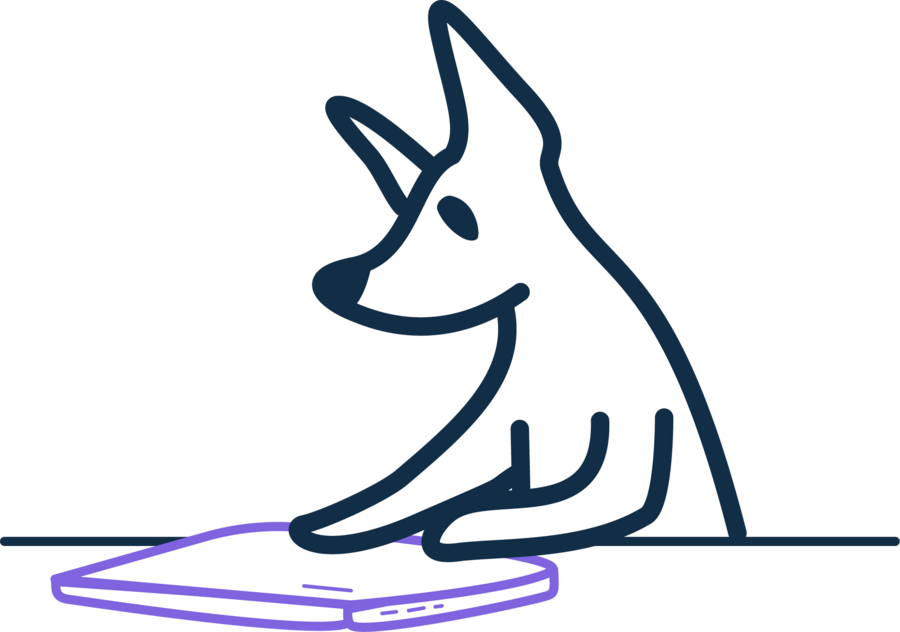 Tatsu, le chien CyberPaw, les pattes sur un ordinateur portable